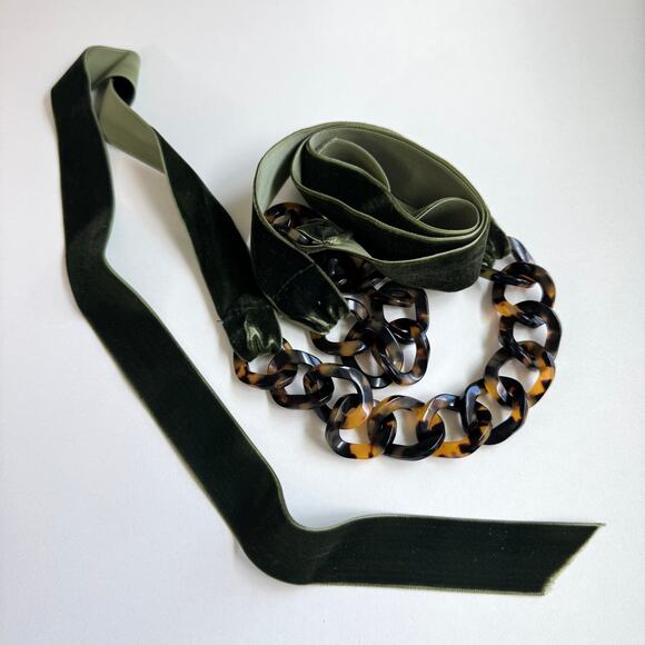 J. Crew Womens Belt Velvet Ribbon Tortoise Look Chain Link Tie Close Green Brown - Picture 1 of 9